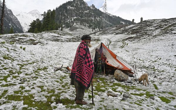 Những người du mục Kashmir trong lều sau khi tuyết rơi ở vùng Sonamarg, Ấn Độ - Sputnik Việt Nam