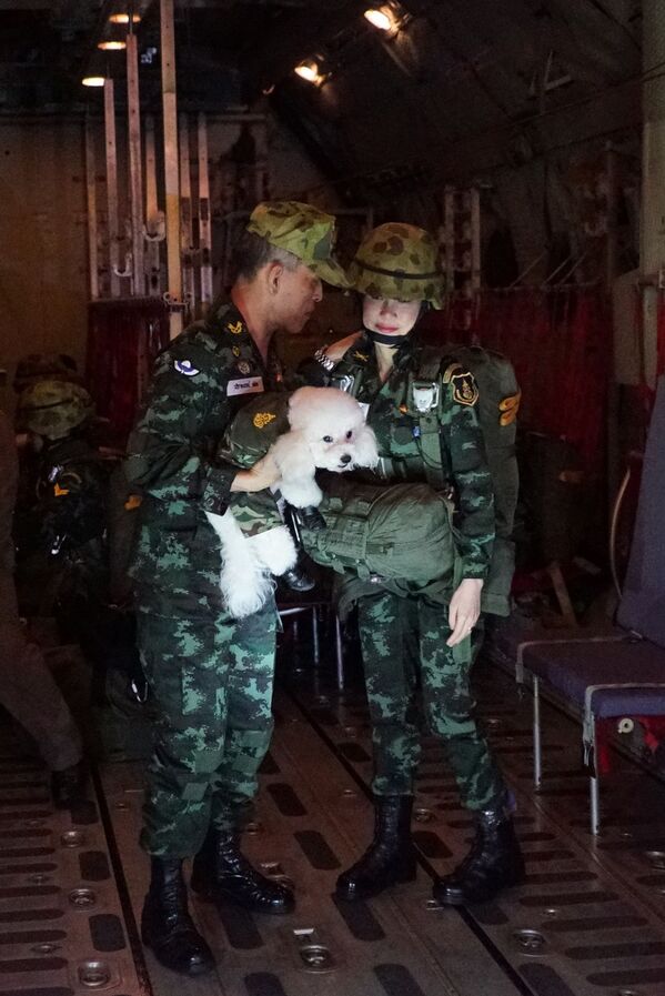Quốc vương Thái Lan Maha Vajiralongkorn cùng Quý phi Sineenat Wongwajirapakdi và chú chó đều mặc quân phục - Sputnik Việt Nam