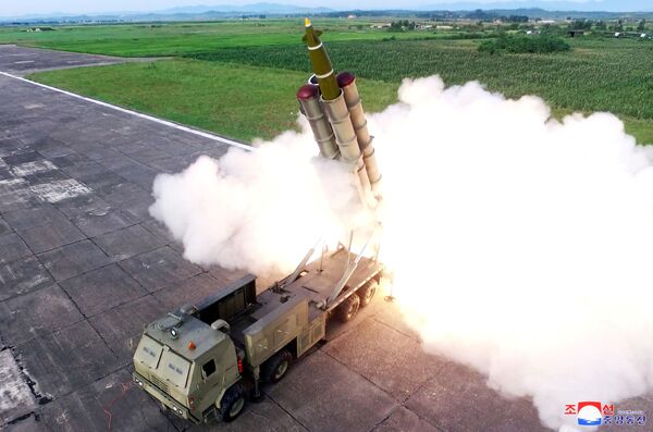 Phóng tên lửa trong quá trình thử nghiệm bệ phóng tên lửa tái sử dụng, CHDCND Triều Tiên  - Sputnik Việt Nam