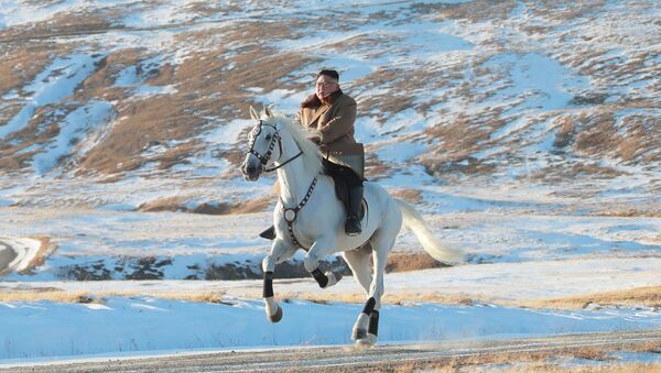 Nhà lãnh đạo Triều Tiên Kim Jong-un cưỡi ngựa khi tuyết rơi trên núi Paektu - Sputnik Việt Nam