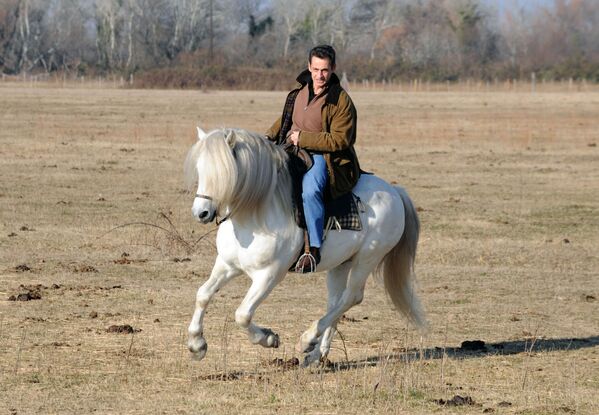 Tổng thống Pháp Nicolas Sarkozy cưỡi ngựa tại trang trại Mas du Juge ở Saint-Marie-de-la-Mer, miền Nam nước Pháp - Sputnik Việt Nam