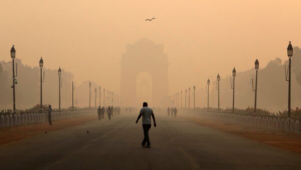 Người đàn ông ở Cổng Ấn Độ, bị che phủ trong sương khói, ở New Delhi - Sputnik Việt Nam