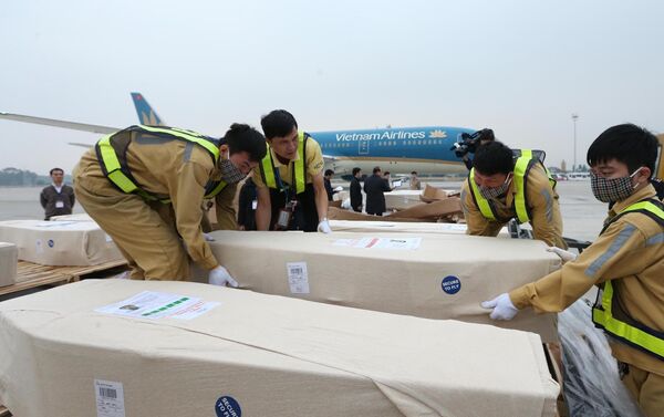 Nhân viên sân bay quốc tế Nội Bài vận chuyển thi thể các nạn nhân lên ô tô để đưa về quê nhà. - Sputnik Việt Nam