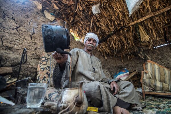 Người nông dân Ai Cập 71 tuổi pha trà trong lán tại trang trại của ông ở làng Baharmis, phía tây bắc Cairo, Ai Cập. - Sputnik Việt Nam