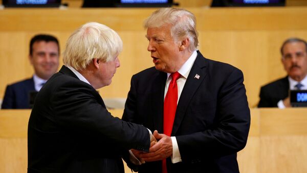 Tổng thống Mỹ Donald Trump bắt tay Bộ trưởng Ngoại giao Anh, ông BorisJohnson tại Trụ sở Liên Hợp Quốc ở New York - Sputnik Việt Nam