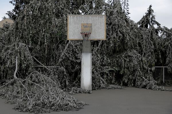 Cột bóng rổ ở thành phố Batangas Philippines bị tro bao phủ từ vụ phun trào của núi lửa Taal - Sputnik Việt Nam