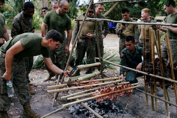 Binh sĩ nướng thịt động vật hoang dã trên bếp lửa trong cuộc tập trận Cobra Gold ở Thái Lan - Sputnik Việt Nam