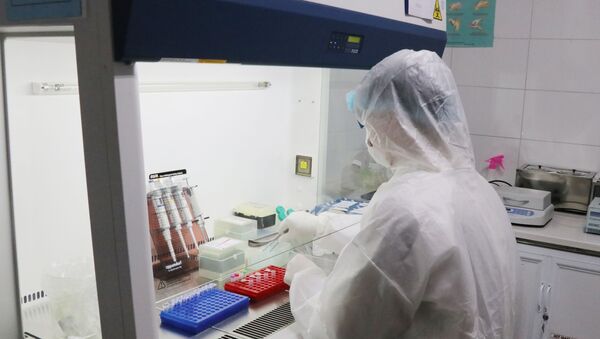 Kỹ thuật viên khoa Sinh học phân tử, Bệnh viện Trung ương Thái Nguyên thực hiện thử nghiệm thiết bị xét nghiệm chẩn đoán SARS CoV-2.  - Sputnik Việt Nam
