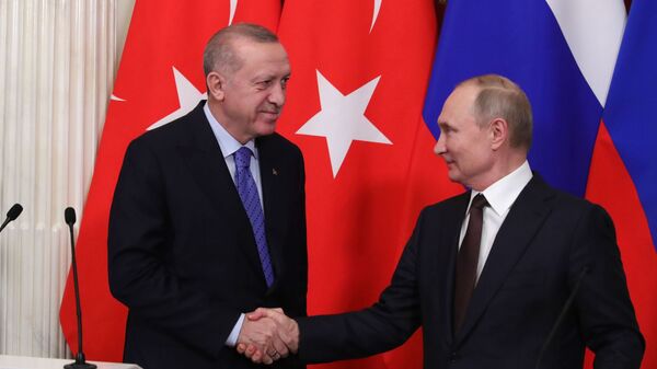 Cuộc gặp giữa Tổng thống Nga Vladimir Putin và Tổng thống Thổ Nhĩ Kỳ Recep Tayyip Erdogan tại Điện Kremlin, Matxcơva  - Sputnik Việt Nam