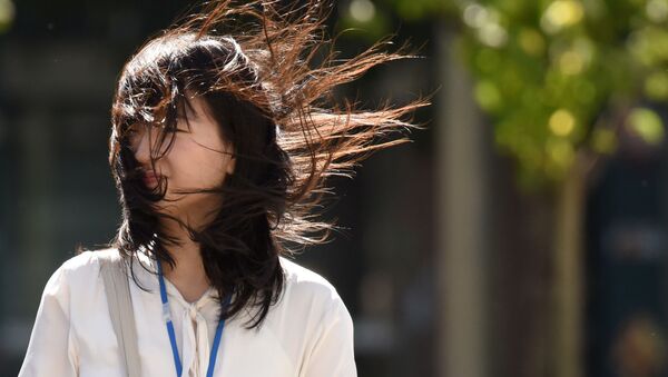 Женщина во время сильного ветра, вызванного тайфуном в Токио, Япония - Sputnik Việt Nam