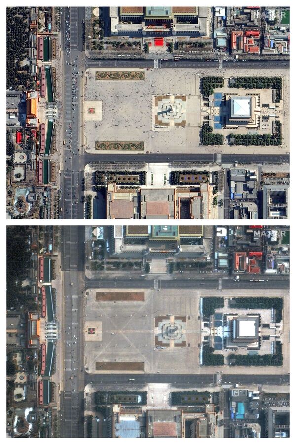 Quảng trường Thiên An Môn ở Bắc Kinh trước dịch coronavirus vào ngày 21 tháng 2 năm 2019 và trong thời gian dịch vào ngày 11 tháng 2 năm 2020 - Sputnik Việt Nam