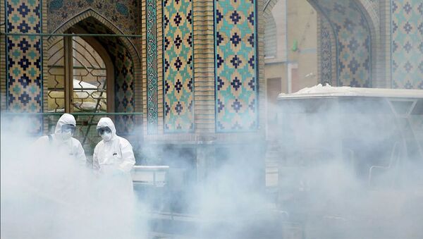 Khử trùng một nhà thờ Hồi giáo ở thành phố Mashhad, Iran. - Sputnik Việt Nam