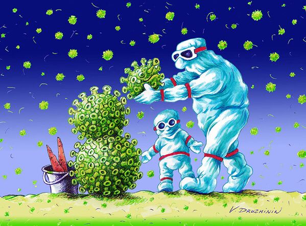 Tranh biếm họa của họa sĩ Nga Valentin Druzhinin tại cuộc thi biếm họa quốc tế International Cartoon Festival on Coronavirus Battle 2020 ở Iran - Sputnik Việt Nam
