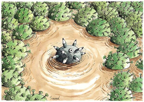 Tranh biếm họa của họa sĩ Iran Saeed Sadeghi tại cuộc thi biếm họa quốc tế International Cartoon Festival on Coronavirus Battle 2020 ở Iran - Sputnik Việt Nam