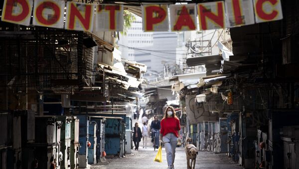 Cô gái với một con chó dưới biểu ngữ không hoảng loạn ở Israel - Sputnik Việt Nam