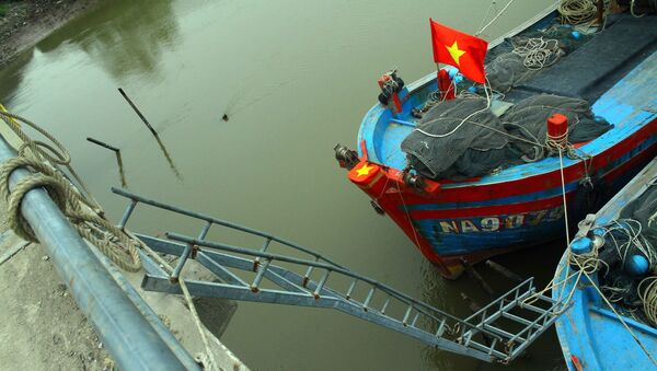 Các ngư dân làm các thang sắt để lên, xuống với các tàu thuyền đang neo đậu ở phía dưới cầu Diễn Kim tiềm ẩn nguy cơ mất an toàn giao thông. - Sputnik Việt Nam