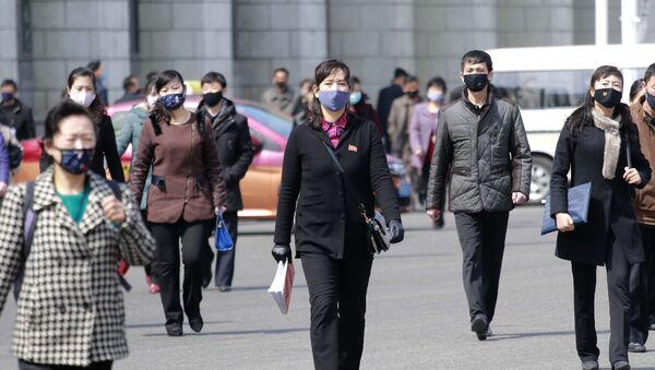 Người qua đường đeo mặt nạ y tế trên đường phố ở Bình Nhưỡng, Triều Tiên - Sputnik Việt Nam