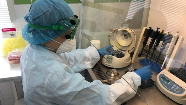 Một nhân viên của phòng thí nghiệm FSKNC FMBA của Nga thực hiện phân tích về coronavirus - Sputnik Việt Nam