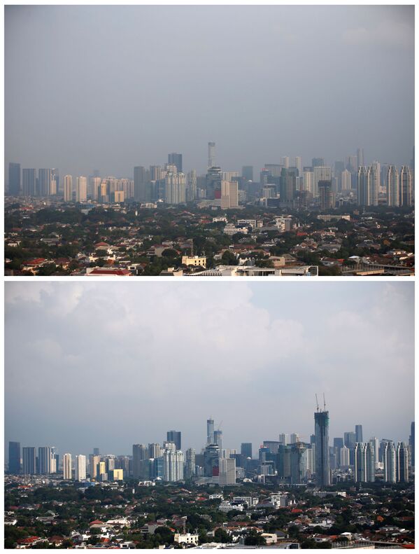 Quang cảnh các tòa nhà ở Jakarta vào ngày 4 tháng 7 năm 2019, và ngày 16 tháng 4 năm 2020 - Sputnik Việt Nam