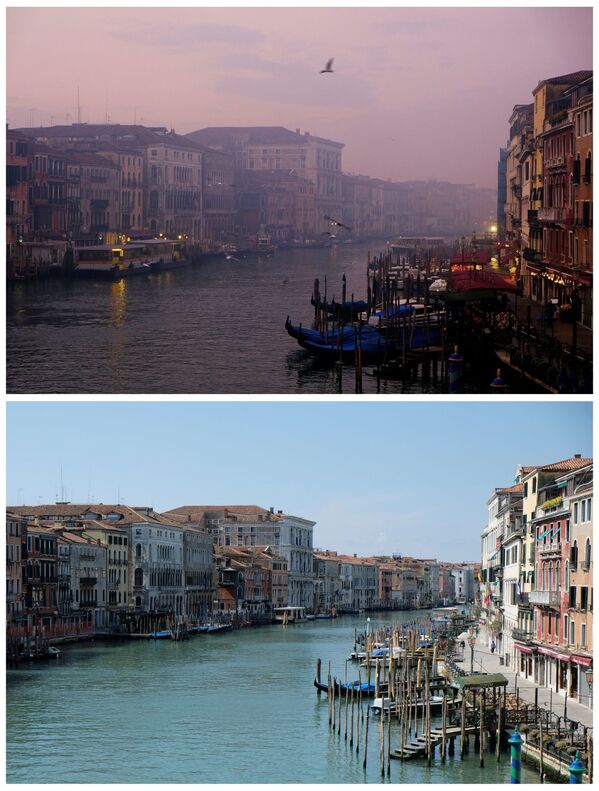 Quang cảnh kênh đào Grand ở Venice vào ngày 6 tháng 1 năm 2018, và ngày 17 tháng 4 năm 2020 - Sputnik Việt Nam