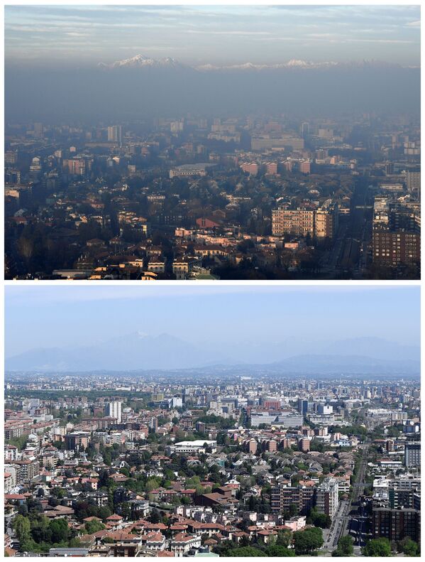 Quang cảnh dãy núi Alps của Ý tại Milan vào ngày 8 tháng 1 năm 2020, và ngày 17 tháng 4 năm 2020 - Sputnik Việt Nam