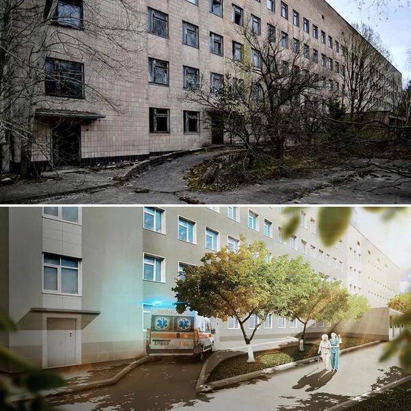 Hình ảnh bệnh viện thành phố Pripyat sau vụ tai nạn tại nhà máy điện hạt nhân Chernobyl, và trong tưởng tượng của nghệ sĩ nếu không xảy ra thảm họa - Sputnik Việt Nam
