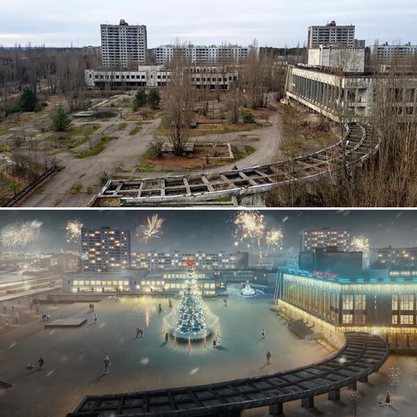Quảng trường Pripyat sau vụ tai nạn nhà máy điện hạt nhân Chernobyl, và trong sự tưởng tượng của nghệ sĩ nếu không xảy ra vụ nổ lò phản ứng - Sputnik Việt Nam