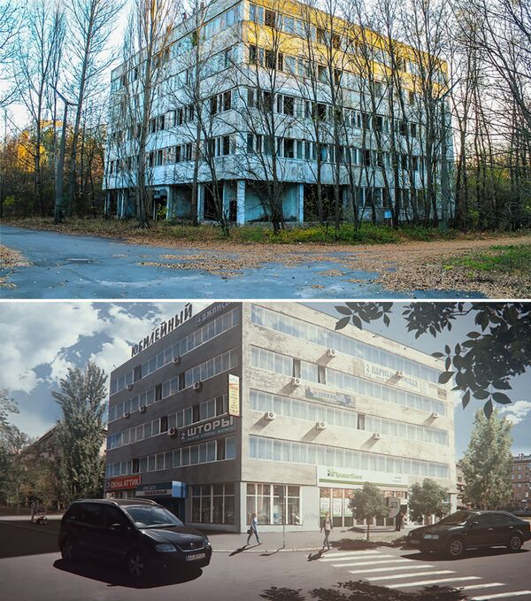 Hình ảnh tòa nhà của thành phố Pripyat sau vụ nổ nhà máy điện hạt nhân Chernobyl, và trong trí tưởng tượng của nghệ sĩ nếu không xảy ra thảm họa - Sputnik Việt Nam