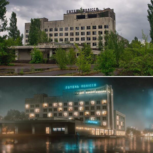 Khách sạn ở thành phố Pripyat sau vụ tai nạn tại nhà máy điện hạt nhân Chernobyl, và trong trí tưởng tượng của nghệ sĩ nếu không xảy ra thảm họa - Sputnik Việt Nam