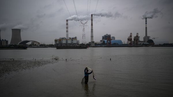 Một người đàn ông bắt cá bằng lưới ở sông Hoàng Phố băng qua Nhà máy điện than Wujing - Sputnik Việt Nam